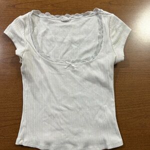 Garage White Ribbed Top with Lace Detail